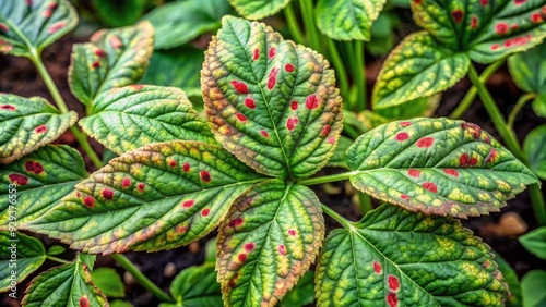 Foliage of urticaria plant showing distinctive red spots in a lush garden setting. Generative AI