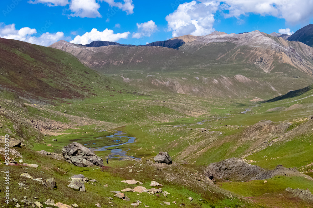 Fototapeta premium Beautiful mountain scenery. River, valley, snow, blue sky, white clouds. In-depth trip on the Sonamarg Hill Trek in Jammu and Kashmir, India
