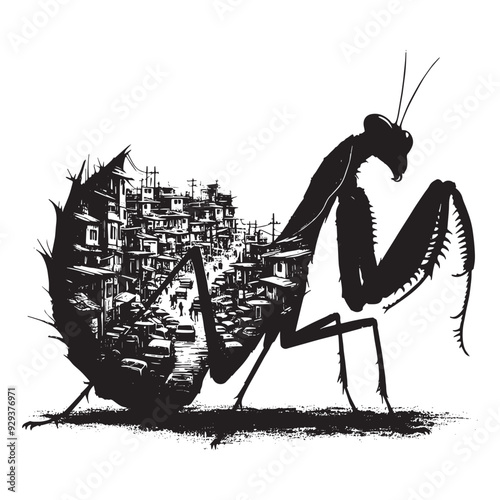 silhouette of Mantis, filled with ghetto street in rough drawing, animal,