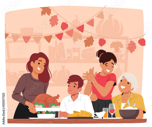 Happy Family Gathered Around Table Enjoying Thanksgiving Dinner At Home. Vector Scene Depicts Warm Autumn Decorations