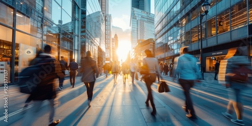 Group of Business Professionals Walking on Busy City Street on a Sunny Summer Day