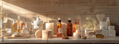 Elegant collection of skincare products displayed on a wooden shelf with natural lighting