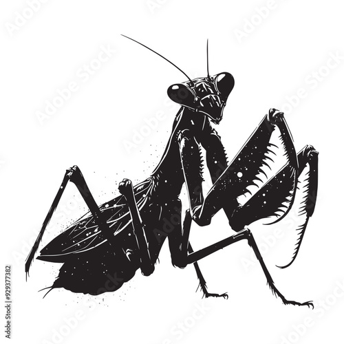 silhouette of Mantis, filled with space and sci-fi element in rough drawing, animal,