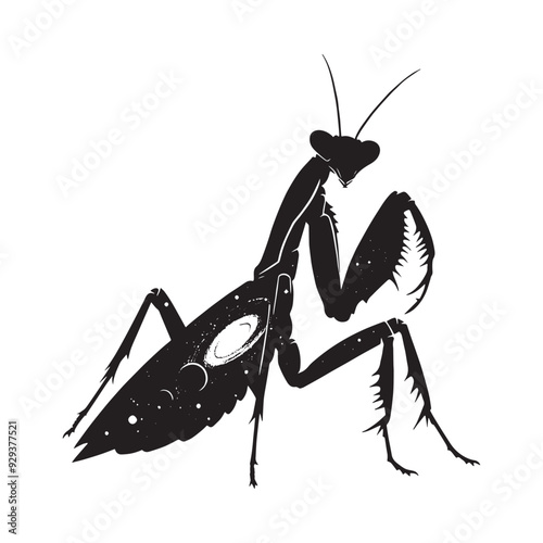 silhouette of Mantis, filled with space and sci-fi element in rough drawing, animal,
