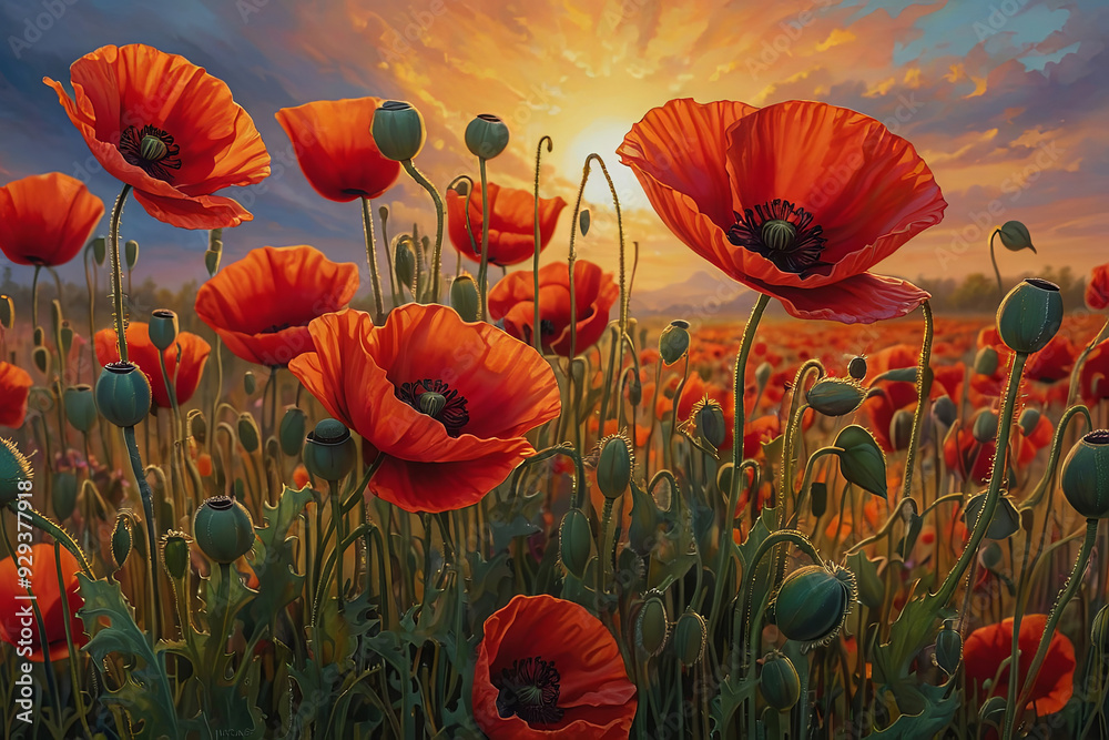 Fototapeta premium a painting of a field of red poppies