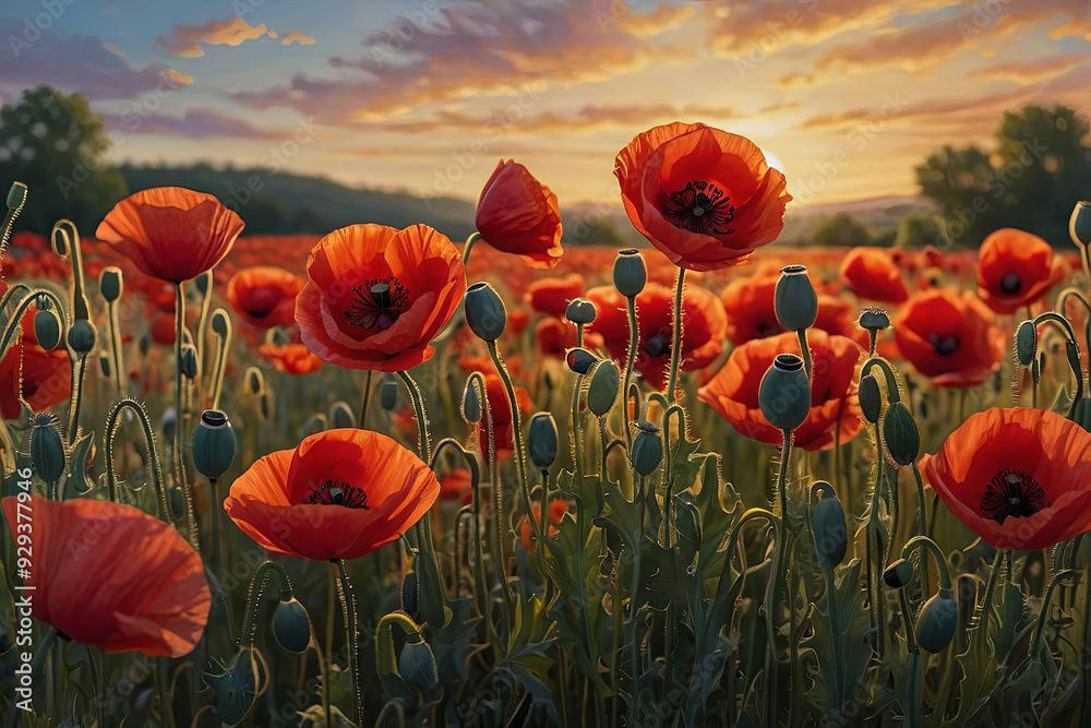 Fototapeta premium a painting of a field of red poppies