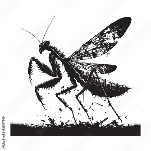 silhouette of Mantis flying, filled with destroyed futuristic dystopia environment in rough drawing, animal,