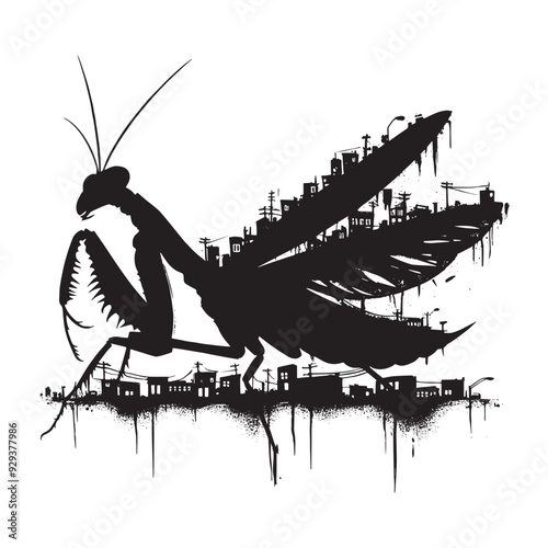 silhouette of Mantis flying, filled with ghetto street in rough drawing, animal,