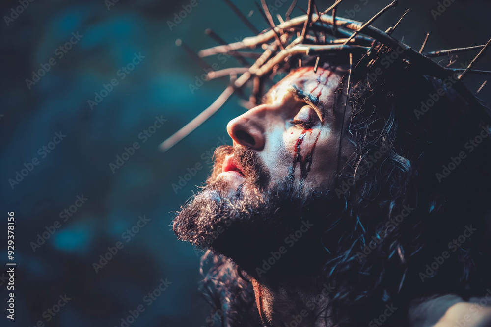 Jesus Christ crucified wearing crown of thorns Passion and Resurrection. Good Friday Jesus Christ crucified wearing crown of thorns Passion and Resurrection. Good Friday