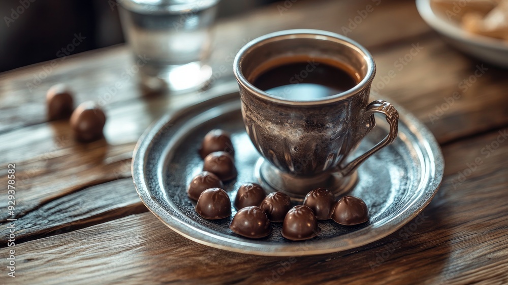 On a wooden table, Turkish coffee with water and chocolate dragees On a wooden table, Turkish coffee with water and chocolate dragees