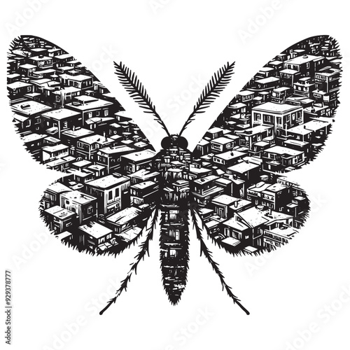 silhouette of Moth, filled with ghetto street in rough drawing, animal,