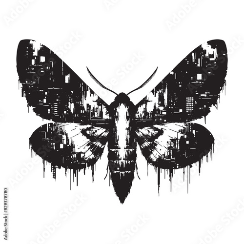 silhouette of Moth, filled with destroyed futuristic dystopia environment in rough drawing, animal,