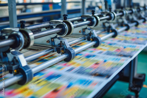Machine printing colored newspaper, offset printing press, printing in progress