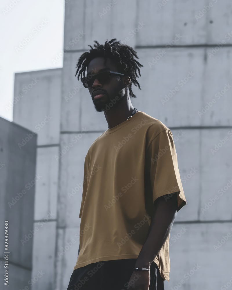 Obraz premium The man stands confidently, showcasing his fashion sense in urban surroundings