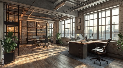 3D render of a chic industrial loft office, featuring exposed structural elements, a mix of metal and wood furnishings, and large, airy windows