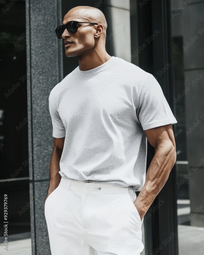 Stylish individual showcases a gray tee while exuding confidence in the city Stylish individual showcases a gray tee while exuding confidence in the city
