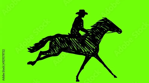2d Animation line drawing of a rodeo cowboy riding horse stallion or pony racing running galloping side view on white, black and green screen in 4k ultra-high-definition.
