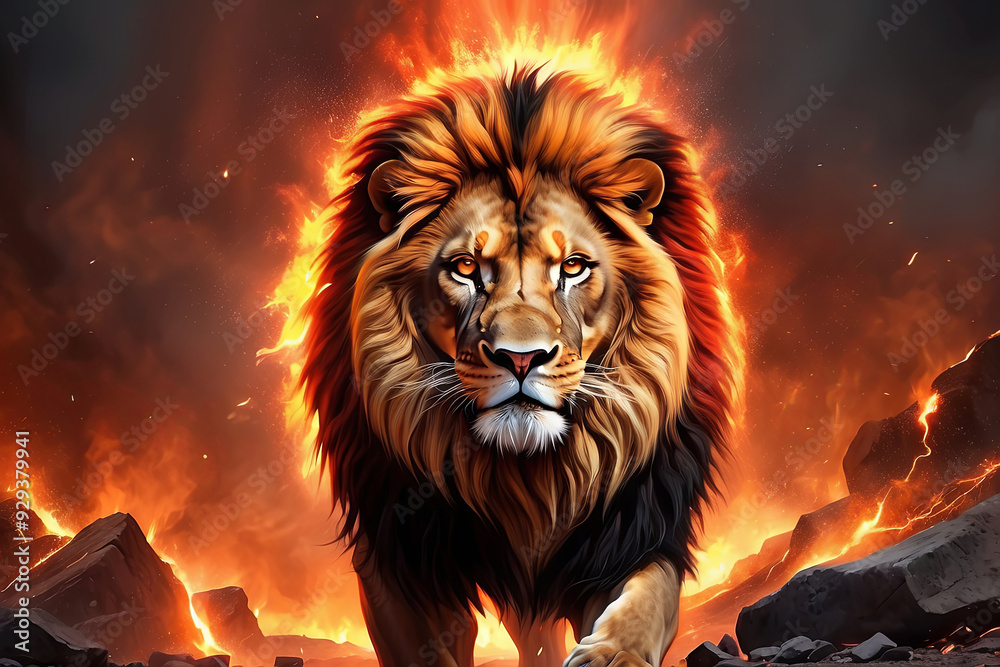 a powerful lion, mane ablaze with fiery reds and oranges, eyes fierce and intense amidst a backdrop of chaos and destruction a powerful lion, mane ablaze with fiery reds and oranges, eyes fierce and intense amidst a backdrop of chaos and destruction