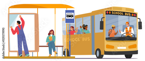 Outdoor Workers And Children Characters Interacting At A Bus Stop With A School Bus. Vibrant Cartoon Vector Illustration