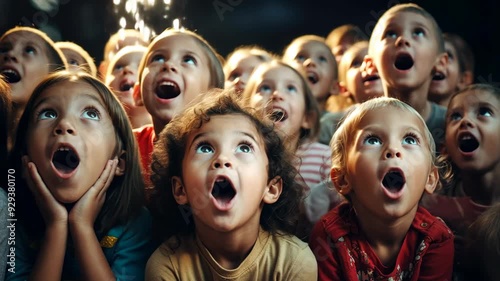 A group of children watches in awe, eyes wide and expressions full of joy, captivated by the enchanting performance before them