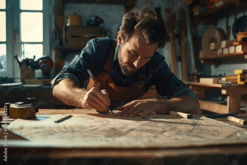 A person in an apron works on a piece of wood, possibly crafting or repairing A person in an apron works on a piece of wood, possibly crafting or repairing