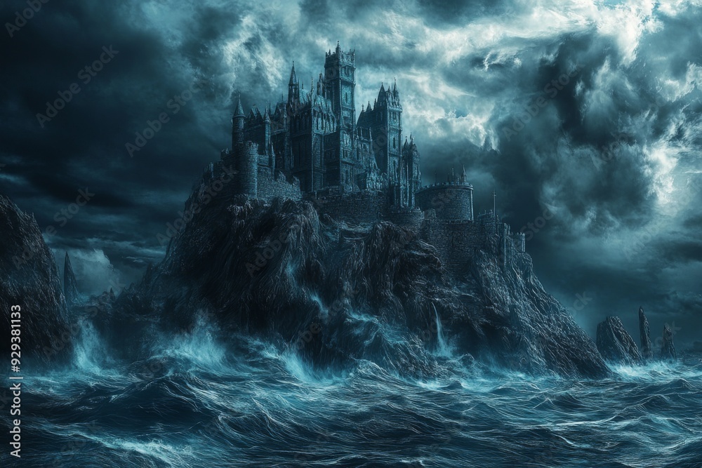 Fototapeta premium Dark Enchanted anime-style Medieval Castle on a Hill Surrounded by a Tempestuous Sea of Stormy Darkness, a Gothic Menace,Anime-Style,illustration,Picture BooksFor Poster,Novel,UI,WEB,Game,Design,Abstr