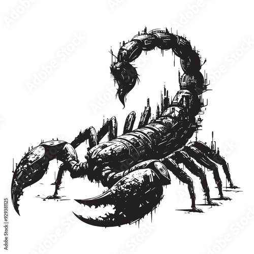 silhouette of scorpion, filled with destroyed futuristic dystopia environment in rough drawing, animal,