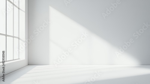 A minimalist interior space with natural light casting shadows on a white wall.
