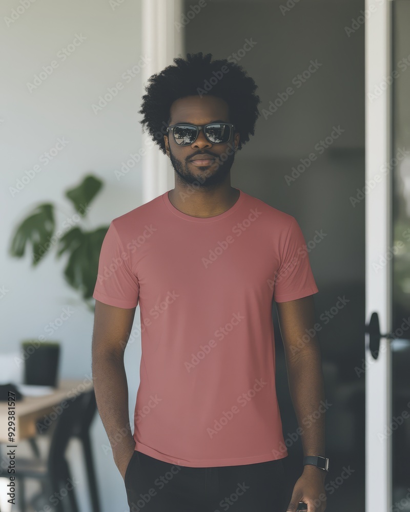 A man poses confidently in a vibrant orange t-shirt, showcasing his style A man poses confidently in a vibrant orange t-shirt, showcasing his style