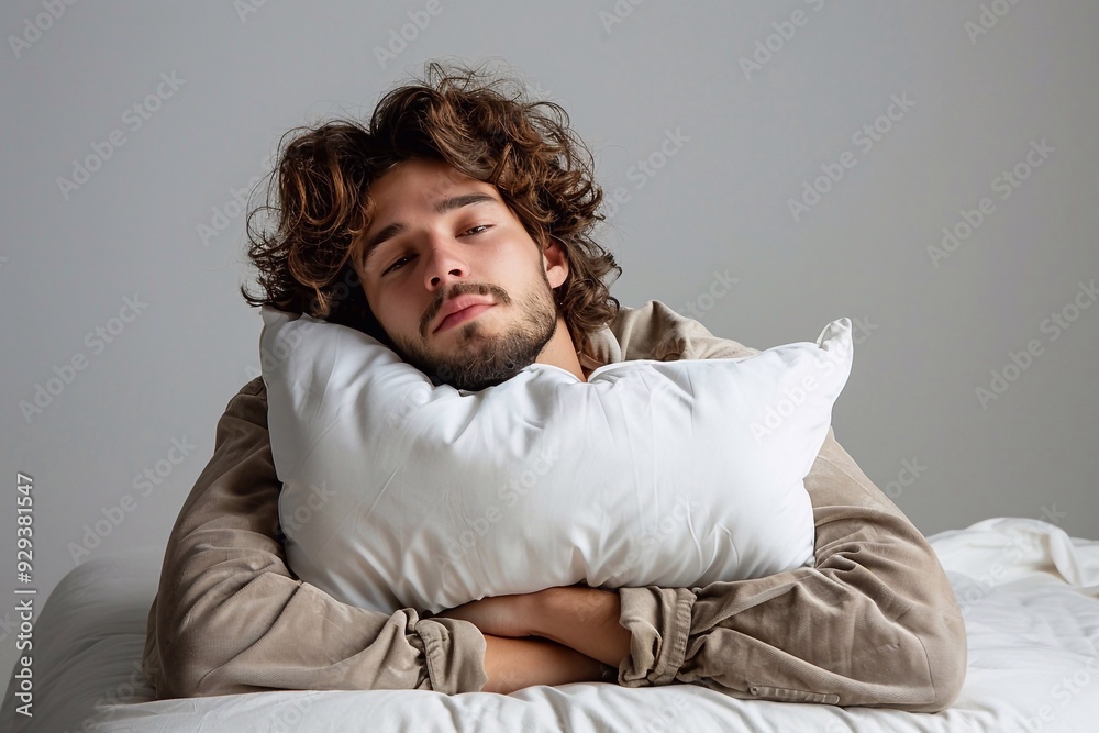 A weary man holding a pillow against a light grey background, highlighting an insomnia issue with space for text A weary man holding a pillow against a light grey background, highlighting an insomnia issue with space for text