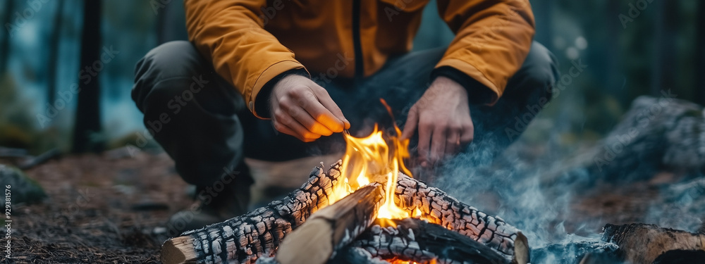 A person wearing a yellow jacket crouches near a bright campfire in a forest, adjusting logs. The atmosphere is serene and the surrounding trees add to the tranquil setting. A person wearing a yellow jacket crouches near a bright campfire in a forest, adjusting logs. The atmosphere is serene and the surrounding trees add to the tranquil setting.