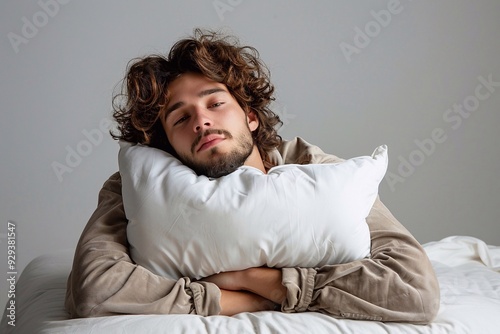 A weary man holding a pillow against a light grey background, highlighting an insomnia issue with space for text photo