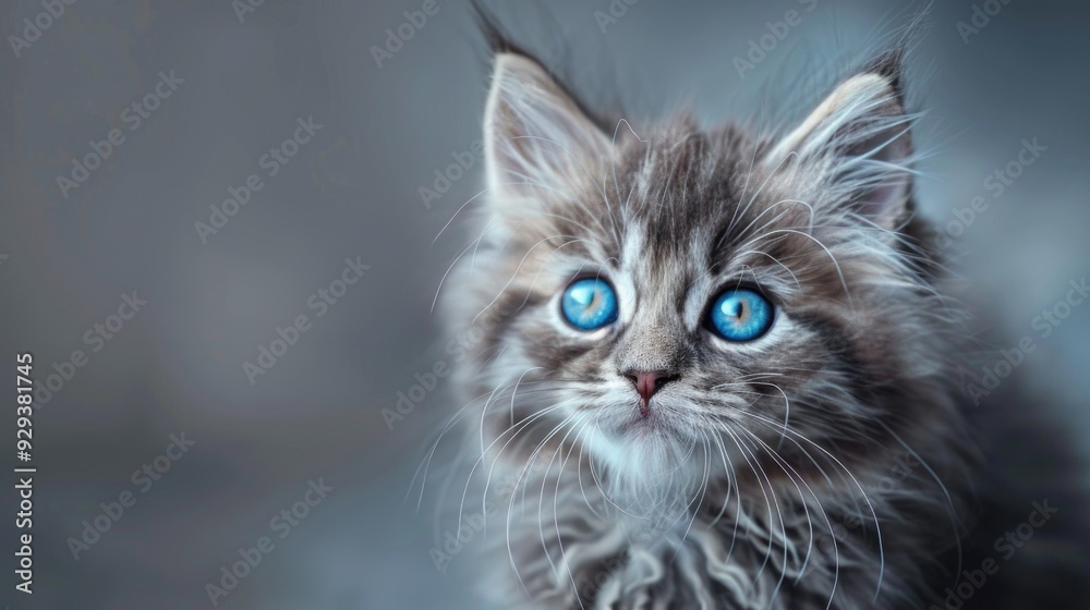 A cute kitten with bright blue eyes looks directly at the camera, a sweet and innocent face A cute kitten with bright blue eyes looks directly at the camera, a sweet and innocent face