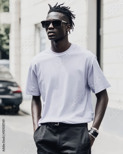 A fashionable man strolls in a vibrant purple t-shirt and sunglasses