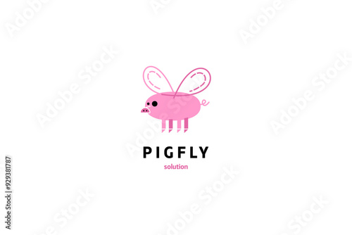 Template logo design solution with pig with wings minimalist funny image