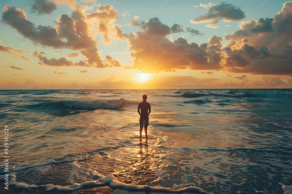 A person stands in the ocean at sunset with the sky filled with colors of orange and pink A person stands in the ocean at sunset with the sky filled with colors of orange and pink