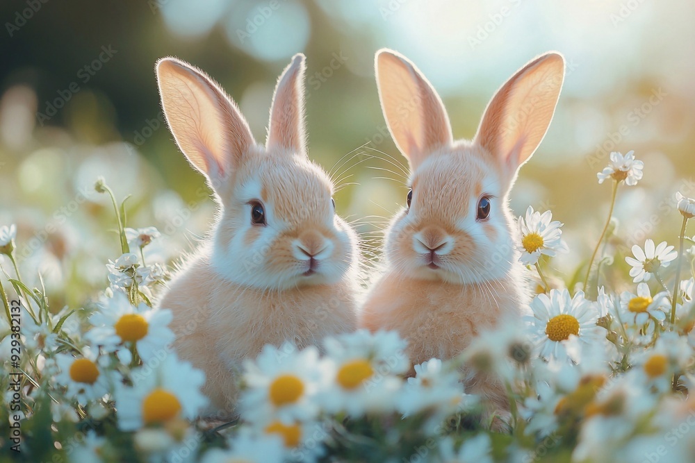 Obraz premium Two little sweet rabbits sitting in flowers daisy outdoors 