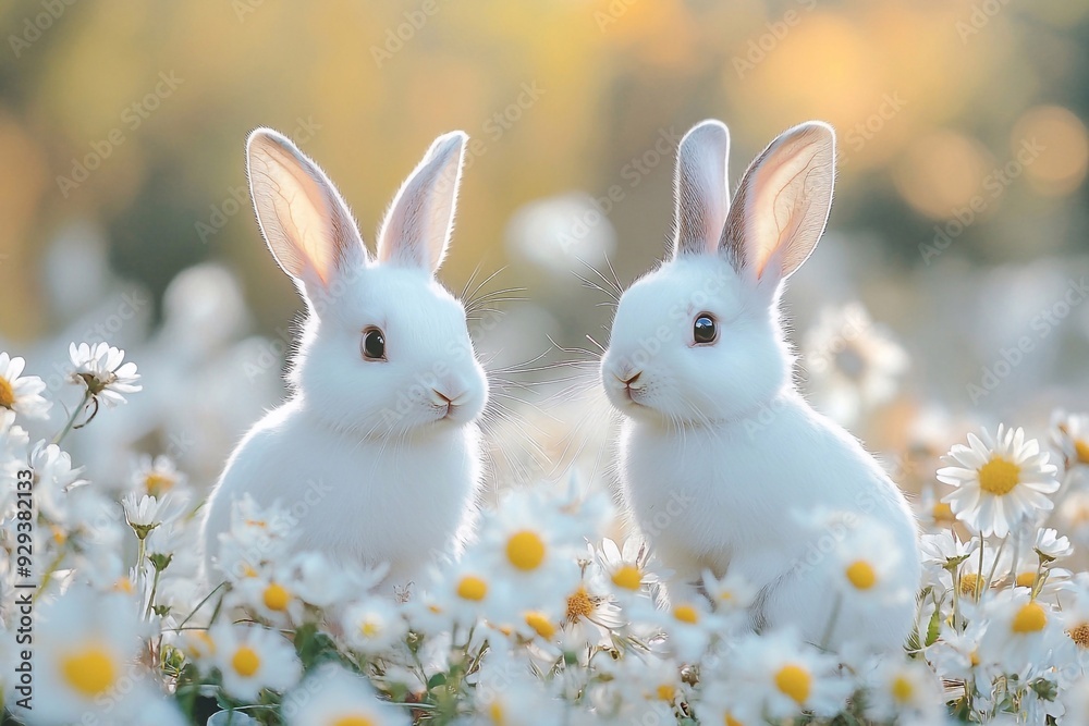Two little sweet rabbits sitting in flowers daisy outdoors Two little sweet rabbits sitting in flowers daisy outdoors