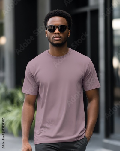 A stylish man walks through a trendy city neighborhood on a sunny day