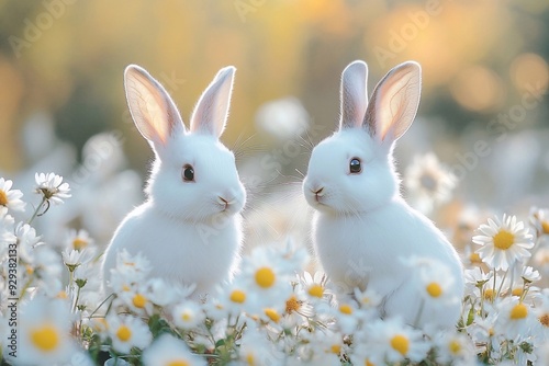 Two little sweet rabbits sitting in flowers daisy outdoors 