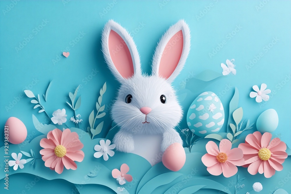 Vector cute festive horizontal banner with layered cut out paper egg, realistic 3D fur ears of bunny and flowers on blue background. Holiday childish template with text Happy Easter for greeting Vector cute festive horizontal banner with layered cut out paper egg, realistic 3D fur ears of bunny and flowers on blue background. Holiday childish template with text Happy Easter for greeting