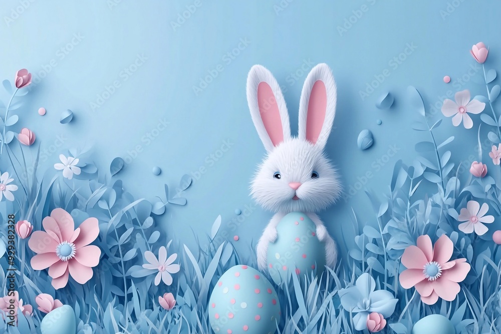 Vector cute festive horizontal banner with layered cut out paper egg, realistic 3D fur ears of bunny and flowers on blue background. Holiday childish template with text Happy Easter for greeting Vector cute festive horizontal banner with layered cut out paper egg, realistic 3D fur ears of bunny and flowers on blue background. Holiday childish template with text Happy Easter for greeting