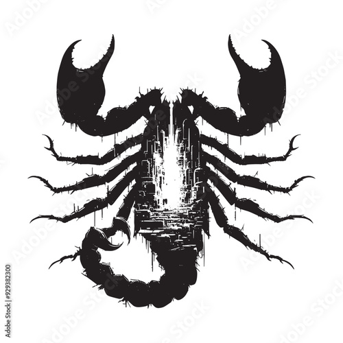 silhouette of scorpion front, filled with destroyed futuristic dystopia environment in rough drawing, animal,