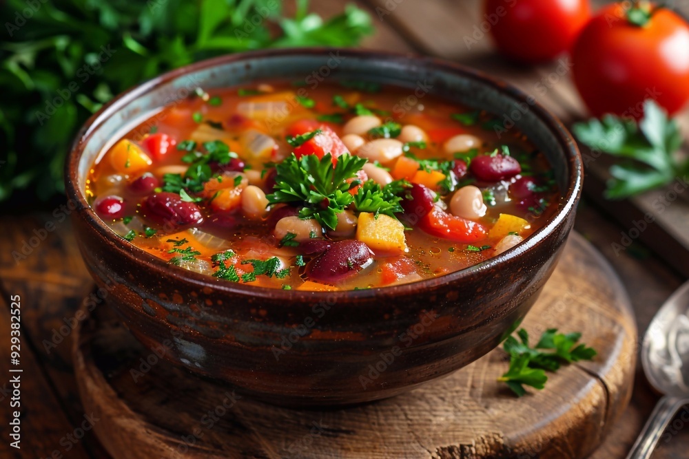 bowl of vegetarian soup featuring beans and tomatoes. the rich, hearty texture of the soup with visible chunks of tender beans and juicy tomatoes, garnished with fresh herbs. vibrant colors and whole bowl of vegetarian soup featuring beans and tomatoes. the rich, hearty texture of the soup with visible chunks of tender beans and juicy tomatoes, garnished with fresh herbs. vibrant colors and whole