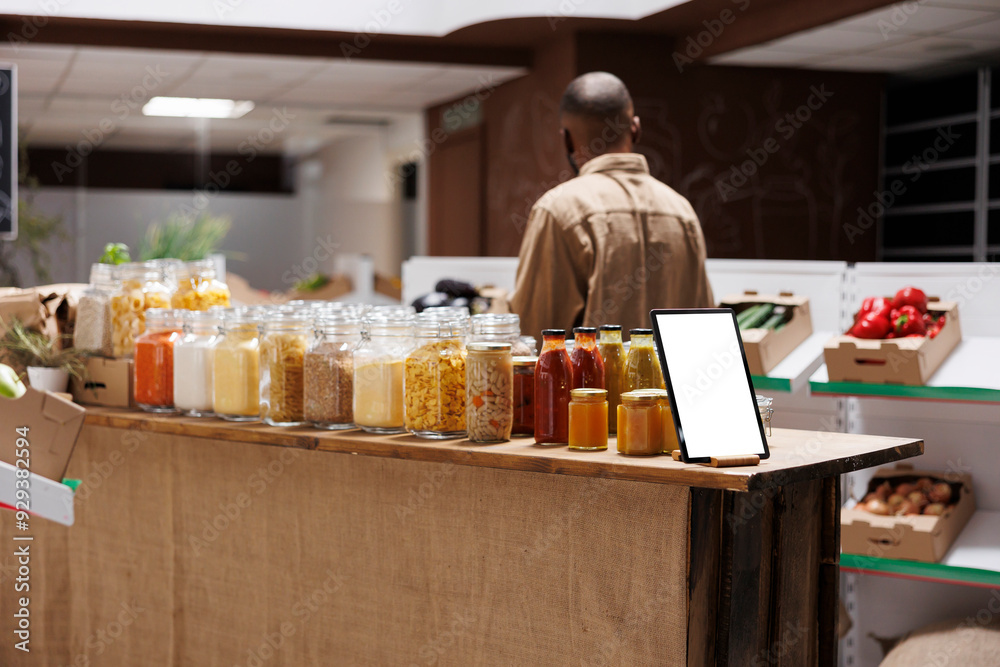 Image showcasing a digital tablet with a blank chromakey mockup template vertically positioned near glass jars. On the counter is a smart device displaying an isolated white screen. Image showcasing a digital tablet with a blank chromakey mockup template vertically positioned near glass jars. On the counter is a smart device displaying an isolated white screen.