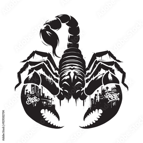 silhouette of scorpion front, filled with graffiti street wall in rough drawing, animal,