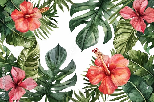 watercolor hand drawn seamless pattern with tropical flowers