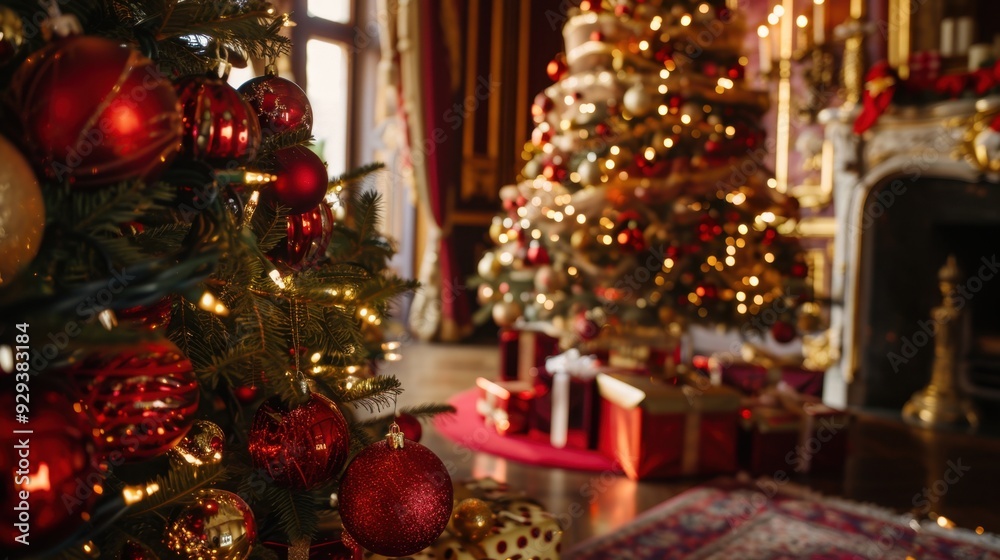 A luxurious Christmas decoration setup with rich red and gold ornaments, a lavish tree, and twinkling lights. A luxurious Christmas decoration setup with rich red and gold ornaments, a lavish tree, and twinkling lights.