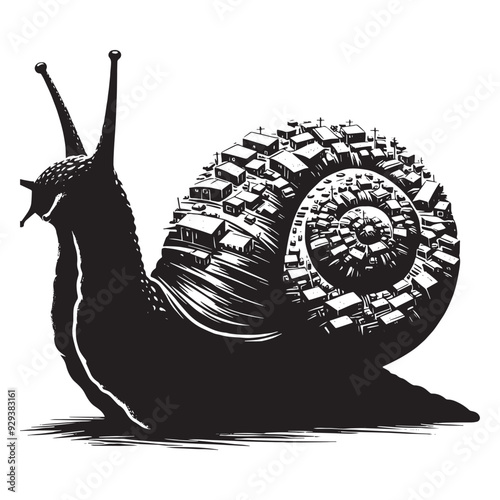 silhouette of snail, filled with ghetto street in rough drawing, animal,