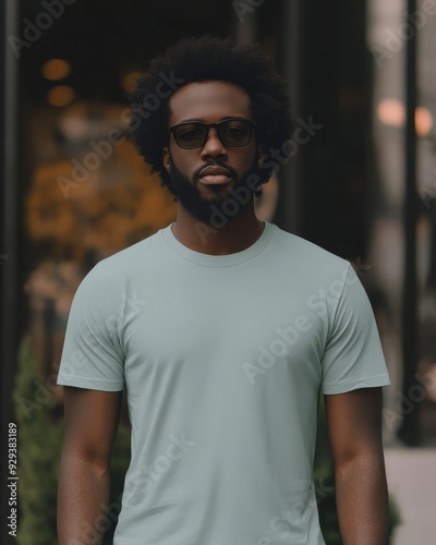 A stylish man stands confidently in a teal shirt, capturing attention on the street